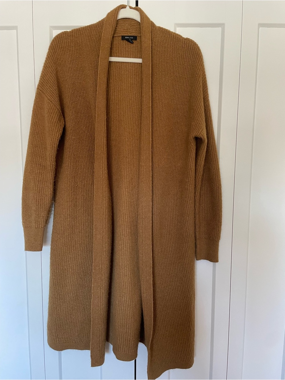 RW&CO. Camel Ribbed Open-Front Long Cardigan